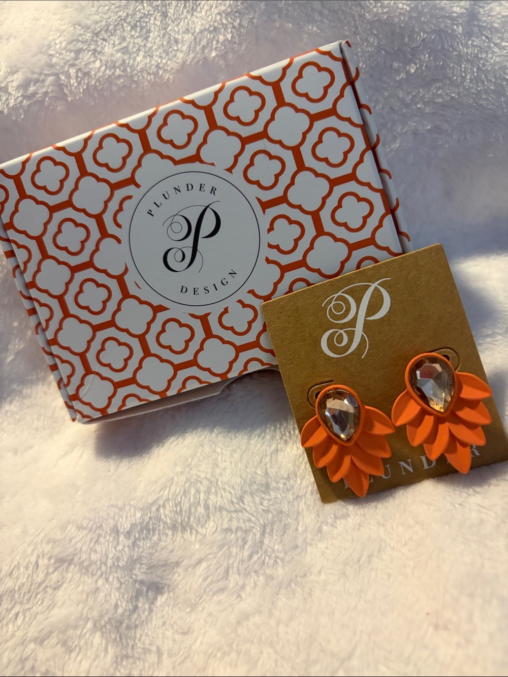 Plunder Bright Orange Petal Drop Earrings with Faceted Crystal